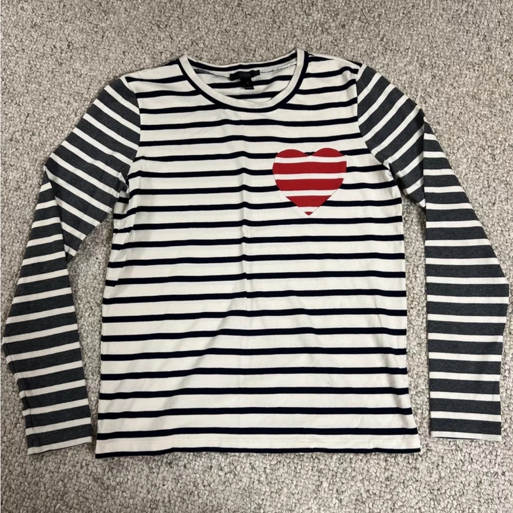 J. Crew Inset Heart Striped Valentines Day Long Sleeved French Terry Cotton Navy